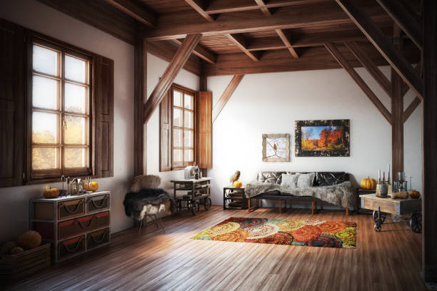 Digitally generated warm, rustic and cozy home interior design with high quality models of stylish furniture and home props.